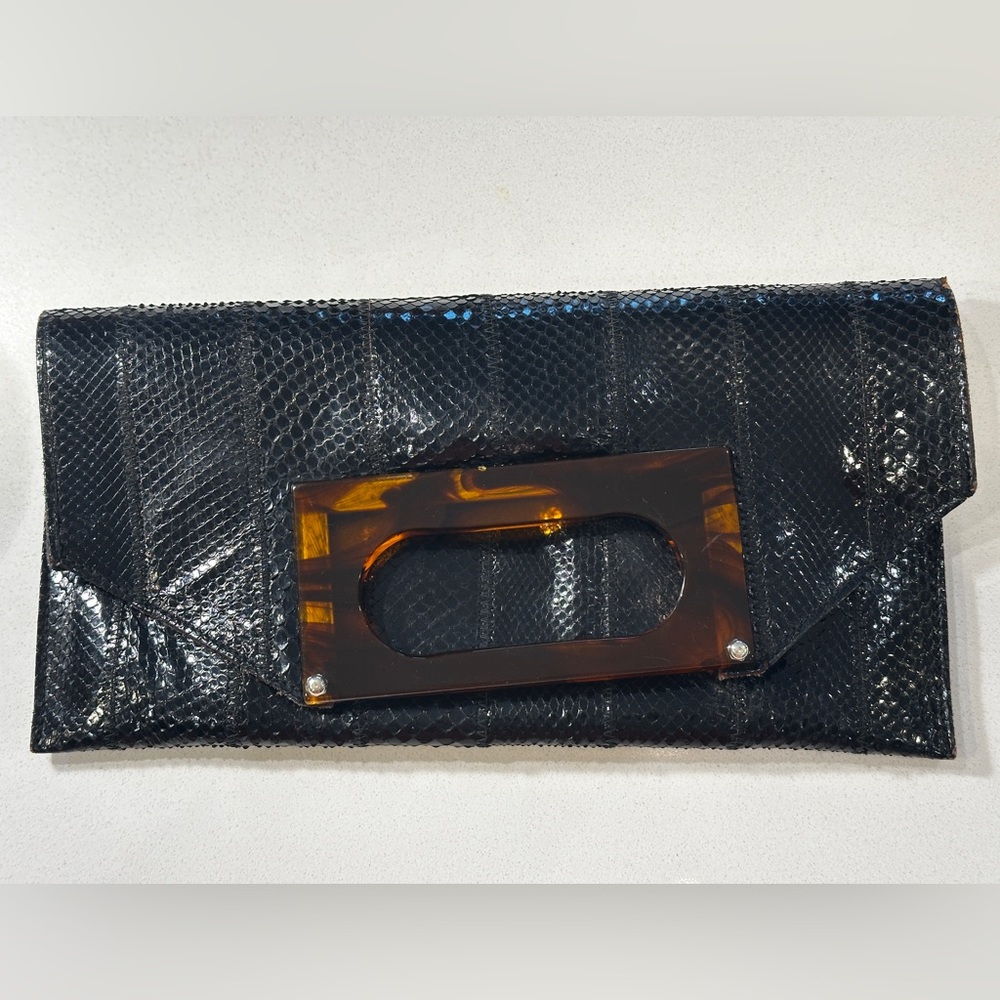 Vintage Black Snakeskin Foldover Clutch Purse with Tortoise Plastic Handle
